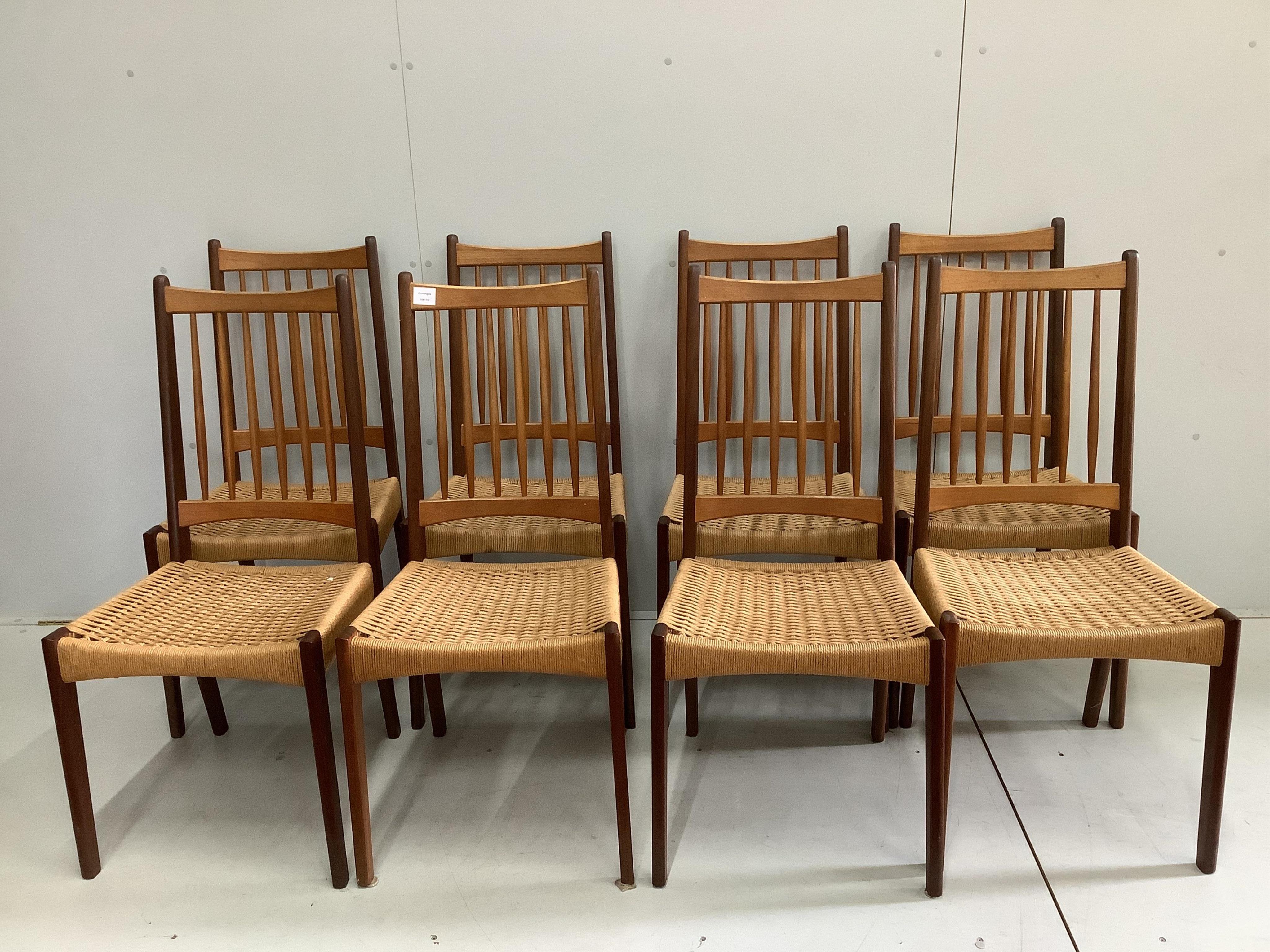 Arne Hovmand Olsen for Mogens Kold, a set of eight teak dining chairs with paper cord seats, width 46cm, depth 44cm, height 98cm. Condition - good